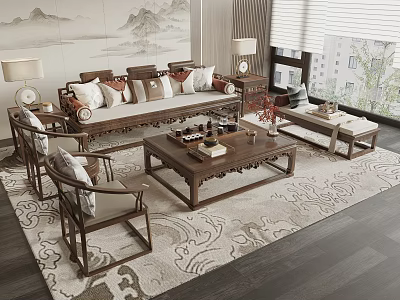 Traditional Chinese Sofa Coffee Table Set In Living Room With Landscape Painting And Decorative Rug 3d model