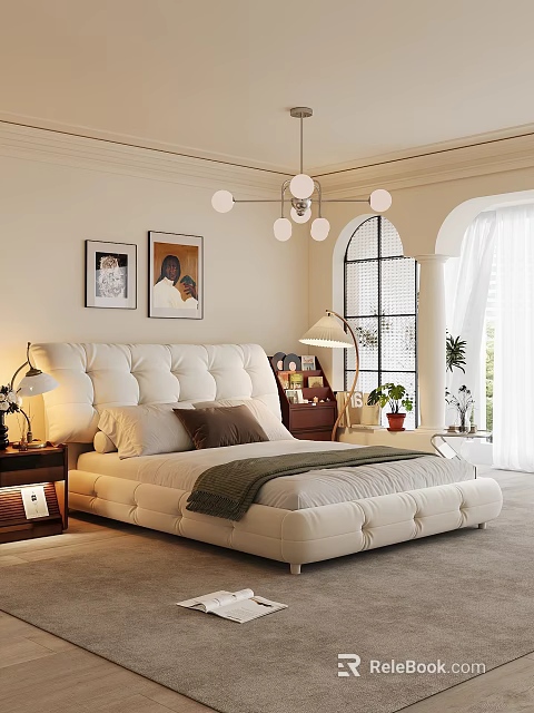 Modern Cozy Bedroom Interior With Plush Bed Nightstands Lamps Wall Art Chandelier Arched Window Curtains 3d model 