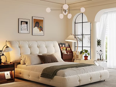 Modern Cozy Bedroom Interior With Plush Bed Nightstands Lamps Wall Art Chandelier Arched Window Curtains 3d model