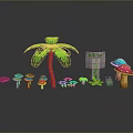 Lush Green Palm Tree With Colorful Mushrooms And Vine Plants Scene