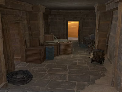 Modern Stone Room Interior With Wooden Crates Blue Barrel Cable Reel And Light From Doorway 3d model