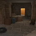 Modern Stone Room Interior With Wooden Crates Blue Barrel Cable Reel And Light From Doorway