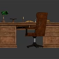 Wooden Desk With Green Lamp Globe Open Book And Brown Office Chair