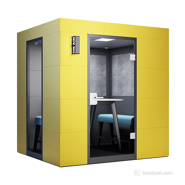 Yellow Soundproof Workspace Booth With Blue Seats Small Table And ON OFF Sign 3d model 