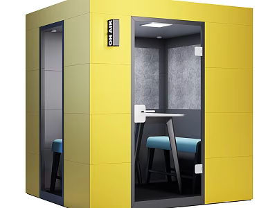 Yellow Soundproof Workspace Booth With Blue Seats Small Table And ON OFF Sign 3d model