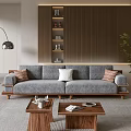 Modern Living Room Gray Sofa with Wooden Frame and Coffee Table Set with Pillows