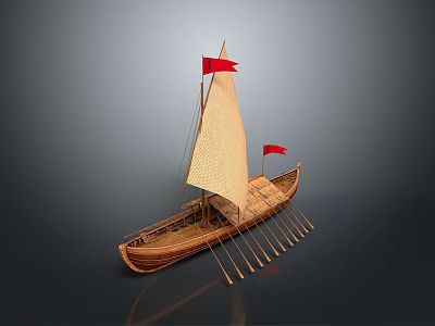 Ancient Wooden Boat Model With White Sail Red Flags And Oars 3d model
