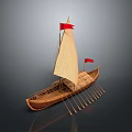 Ancient Wooden Boat Model With White Sail Red Flags And Oars