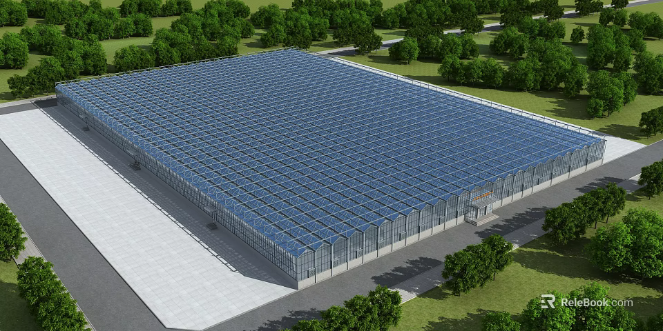 Large Industrial Factory Building With Blue Roof Metal Structure Surrounded by Trees and Modern Design 3d model 