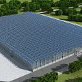 Large Industrial Factory Building With Blue Roof Metal Structure Surrounded by Trees and Modern Design