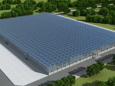 Large Industrial Factory Building With Blue Roof Metal Structure Surrounded by Trees and Modern Design 3d model