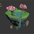 Floating Fantasy Island With Green Grass Pink Trees Blue Pond Waterfall And Floating Rocks