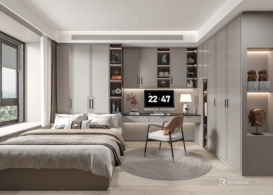 Tatami Bedroom Design With Modern Storage Cabinets Desk Chair And Decorative Items 3d model 