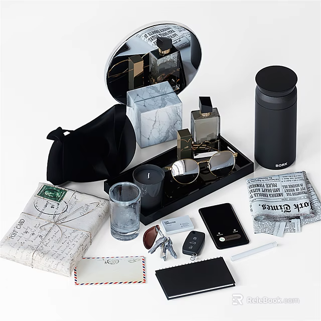 Elegant Decorative Ornament Set Including Mirror Marble Box Black Pouch Tray And Candle 3d model 