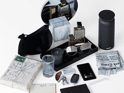 Elegant Decorative Ornament Set Including Mirror Marble Box Black Pouch Tray And Candle 3d model