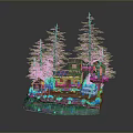 Natural Scenery with Pine Trees Small Wooden Houses White Car and Water Area