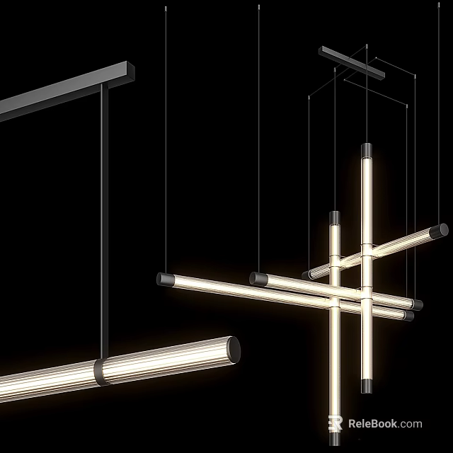 Modern Linear Hanging Chandeliers with Sleek Metal Frames and LED Lighting Design 3d model 