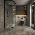 Modern Bathroom Toilet With Gray Marble Walls And Glass Shower Enclosure