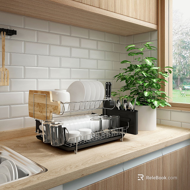 Practical Kitchenware Drying Rack with Plates Cups Cutlery on Wooden Countertop Near Window Plant 3d model 