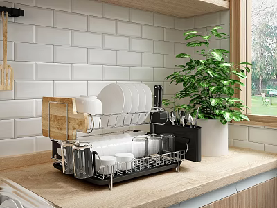 Practical Kitchenware Drying Rack with Plates Cups Cutlery on Wooden Countertop Near Window Plant 3d model