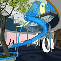Indoor Playground Space With Blue Spiral Slide Yellow Accents Trees And Open Design