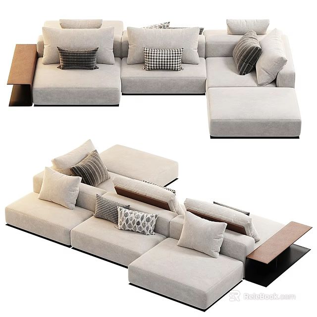 Modern L Shaped Sectional Sofa With Light Upholstery And Patterned Pillows 3d model