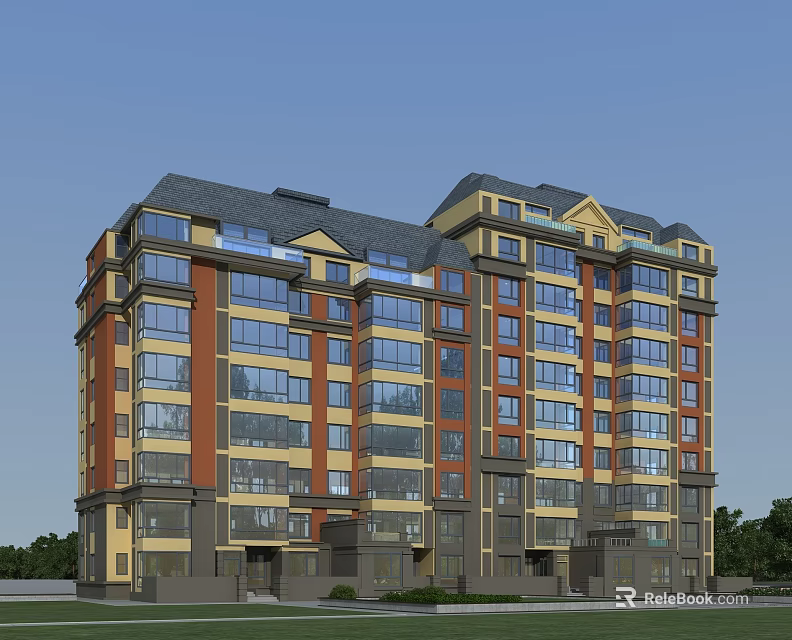 Modern Multi Story Residential Building With Yellow Red Brown Facade And Large Glass Windows 3d model 