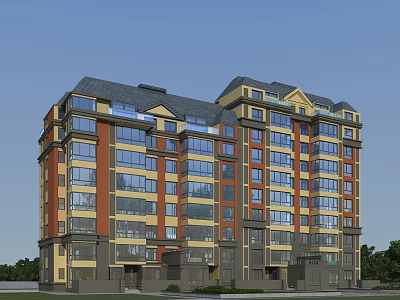 Modern Multi Story Residential Building With Yellow Red Brown Facade And Large Glass Windows 3d model