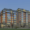 Modern Multi Story Residential Building With Yellow Red Brown Facade And Large Glass Windows