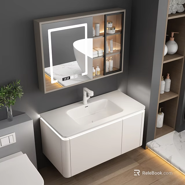 Modern Bathroom Vanity With White Cabinet And Illuminated Mirror Open Shelves Bottles And Green Plant 3d model 