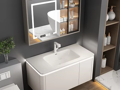 Modern Bathroom Vanity With White Cabinet And Illuminated Mirror Open Shelves Bottles And Green Plant 3d model