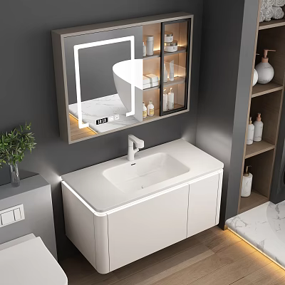Modern Bathroom Vanity With White Cabinet And Illuminated Mirror Open Shelves Bottles And Green Plant 3d model