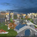 Nighttime Garden Landscape With Residential Buildings Waterscape Walking Path And Lighting