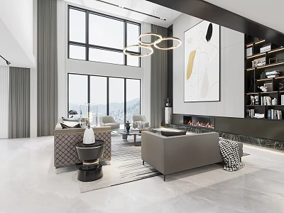 Modern Duplex Living Room Interior With Large Windows Circular Pendant Lights Sofa And Fireplace 3d model