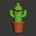 Cartoon Style Green Cactus Plant With Orange Pot Red Flower And Smiling Face