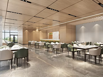 Modern Restaurant Interior With Wooden Ceiling Tables Chairs And Large Windows 3d model