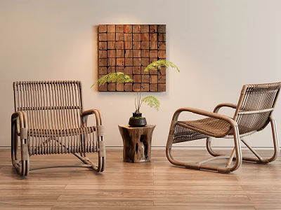 Rattan Leisure Chairs With Side Table Green Plant And Wall Art On Wooden Floor 3d model