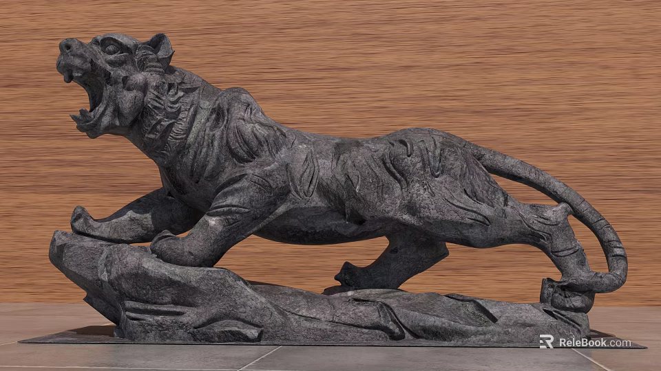 Detailed Stone Tiger Sculpture Carving In Running Posture With Open Mouth And Wooden Wall Background 3d model 