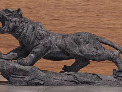 Detailed Stone Tiger Sculpture Carving In Running Posture With Open Mouth And Wooden Wall Background 3d model