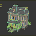 Victorian Style House Exterior Design With Gray Roof White Walls Porch Steps And Attic Window