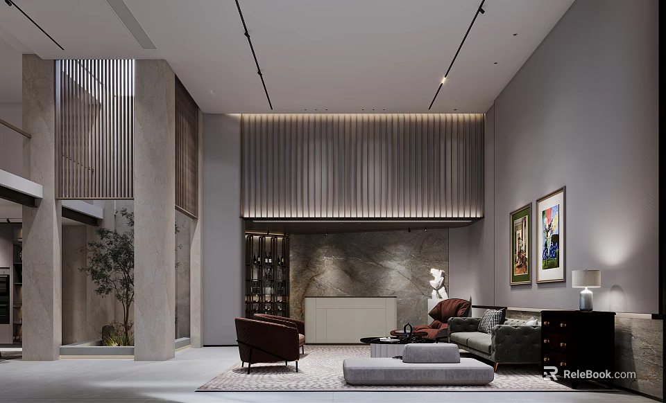 Modern Basement Living Room With Wooden Slat Wall Marble Accent Sofa Armchair And Artworks 3d model 
