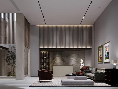 Modern Basement Living Room With Wooden Slat Wall Marble Accent Sofa Armchair And Artworks 3d model