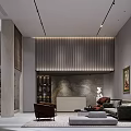 Modern Basement Living Room With Wooden Slat Wall Marble Accent Sofa Armchair And Artworks
