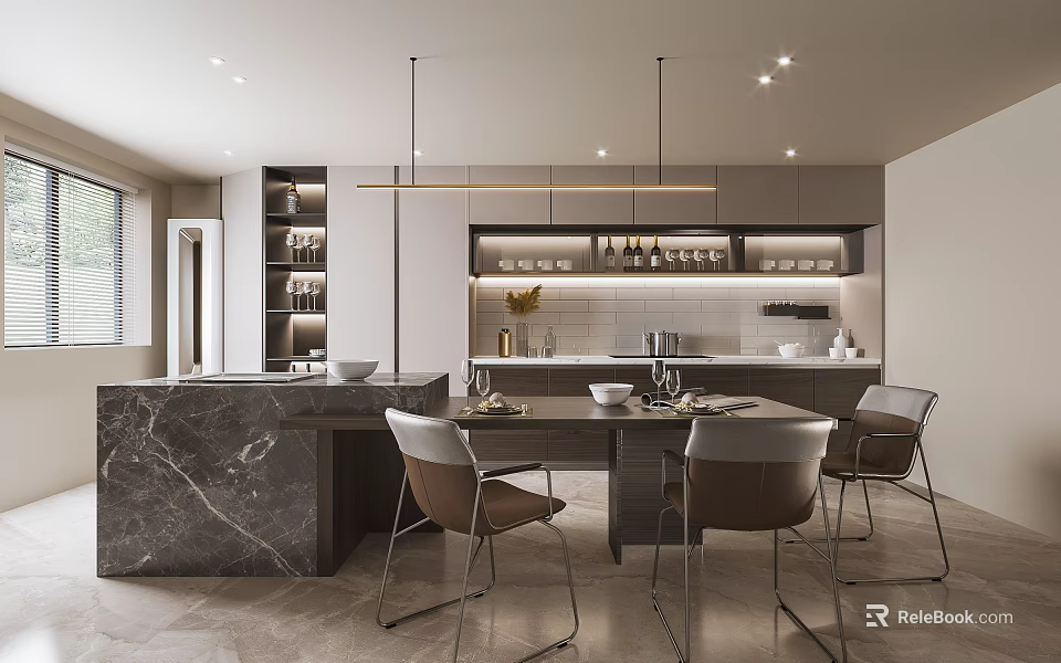 Modern Kitchen Interior With Marble Island Dining Table Chairs Hanging Lights And Cabinets 3d model 