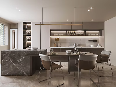 Modern Kitchen Interior With Marble Island Dining Table Chairs Hanging Lights And Cabinets 3d model