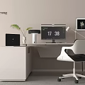 Modern White Office Desk Setup With Green Plant Black Laptop Digital Clock And Framed Art