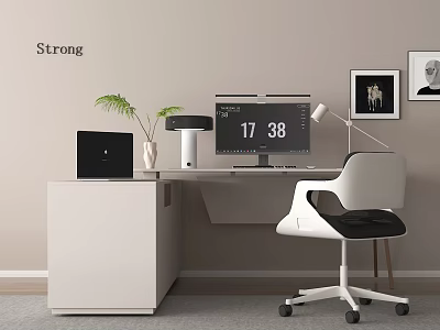 Modern White Office Desk Setup With Green Plant Black Laptop Digital Clock And Framed Art 3d model