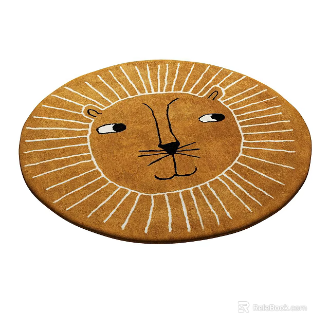 Round Carpet with Lion Head Design Brown White Striped Mane for Kids Room Decor 3d model 