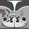 Modern Public Office Space With Cubicles Computers Geometric Ceiling Lights And Decorative Paintings 3d model