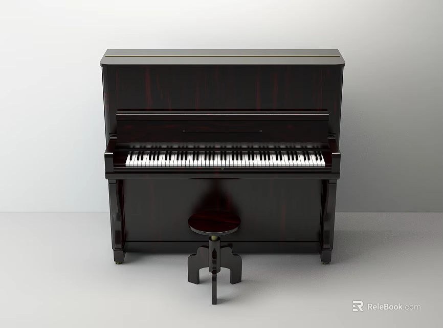 Dark Wood Upright Piano With Matching Wooden Stool For Home Music Space 3d model 
